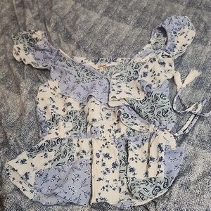 Blush Floral Ruffle Blouse - Blue and White